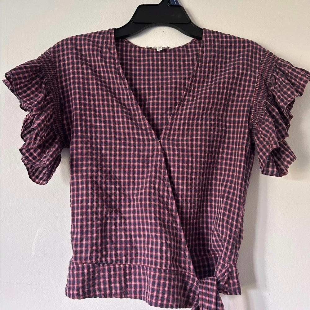 Madewell Checkered Ruffle Sleeve Wrap Blouse - Pink and Black
